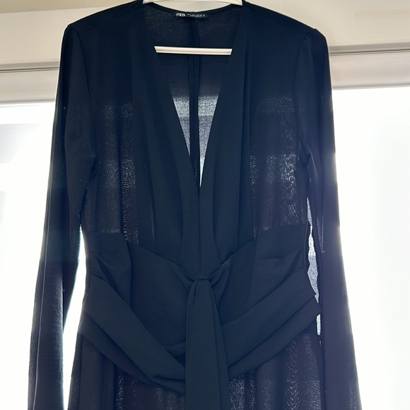 Zara black long sleeve midi dress with front middle slit, size Large. - Picture 2 of 3